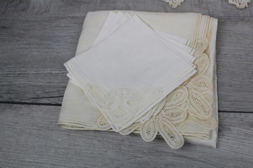 Vintage Tischdecke Leinen und 4 Servietten Ecru gewellt offene Spitzenkanten Deko - Bild 4 von 9
