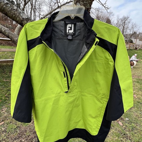 FootJoy DryJoys Pullover Golf Jacket Windbreaker Short Sleeve Large Black & Neon - Picture 7 of 16