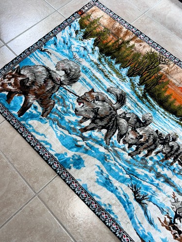 Large Vintage Alaskan Dog Sled Husky Sunset Wall Hanging Tapestry 54" x 38"W - Picture 9 of 13