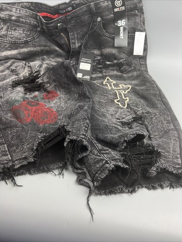 Encrypted Men's NWT Black Denim Shorts - Sz: 36 Embroidered W/ Croos - Picture 9 of 10
