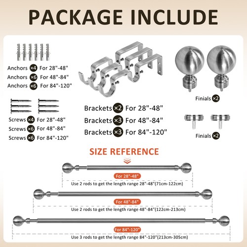 1" Kugel verstellbar Doppel Gardine Gardinenstange Set, 28"-48"/48"-84"/84"-120" - Bild 24 von 31