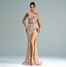 Women's Sequin Strapless Slit Hip Package Long Evening Dress Cocktail Prom 0300