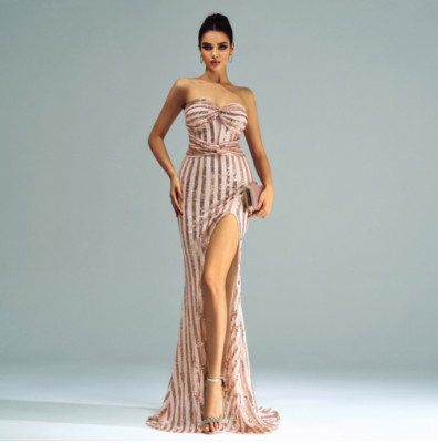 Women's Spring/summer Sequin Strapless Slit Hip Package Long Evening Dress  | eBay