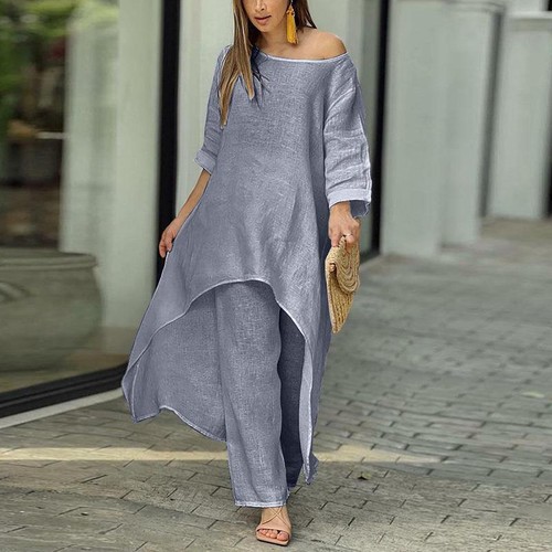 Women's Cotton Linen Irregular Long Sleeve Wide Leg Trousers Two-Piece Set - Picture 6 of 27