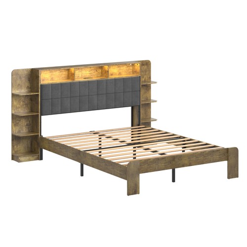 Queen Bed Frame with Storage & LED Lights, Dark Gray Linen, No Box Spring - Picture 13 of 14