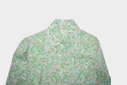 Vintage 70s Blouse Womens S Green Floral Long Sleeve Shirt French Daggar Collar - Picture 4 of 8