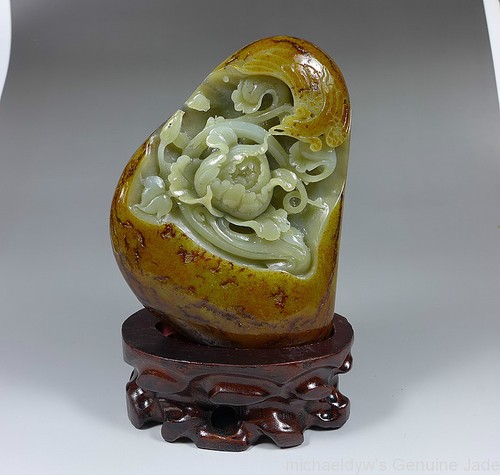 Fine Natural Hetian Nephrite Jade Phoenix Peony Statue  - Picture 1 of 6