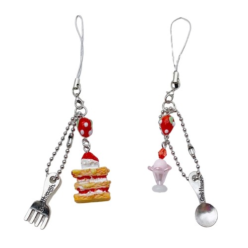 Cake Ice Cream Spoon Fork Charm Pendant Chain Phone Straps Pocket Keychain Strap - Photo 1 sur 11