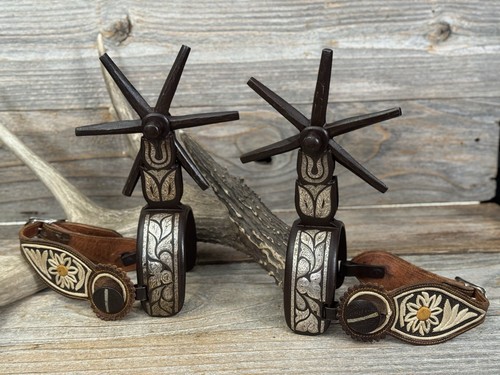 GORGEOUS Mexican Chihuahua LARGE Engraved Spurs w/ Straps - Picture 2 of 21
