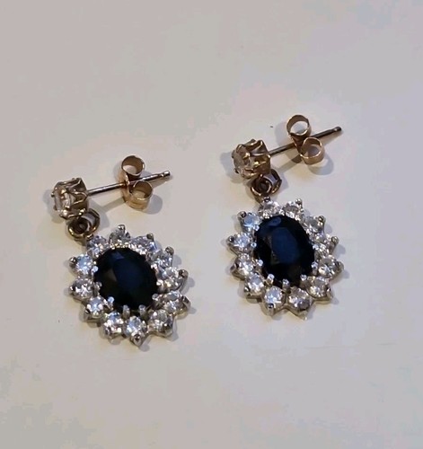 9ct Gold Sapphire Cluster Drop Earrings, 9K 375 - Bild 2 von 4