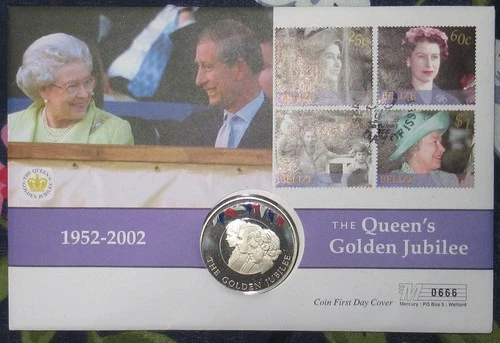 2002 Belize QE11 Golden Jubilee FDC With a Falkland Islands Coloured 50p Coin.
