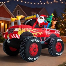 8 FT Long Santa in Monster Truck Christmas Inflatables Outdoor Decorations, C...