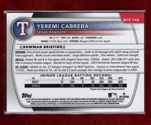 YEREMI CABRERA 2025 BOWMAN PROSPECT PARALLEL 159/350 TEXAS RANGERS - Picture 2 of 2
