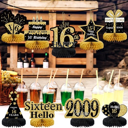 Chic 16th Birthday Decorations: Black Gold Honeycomb Centerpieces Set of 9 - Imagen 4 de 9