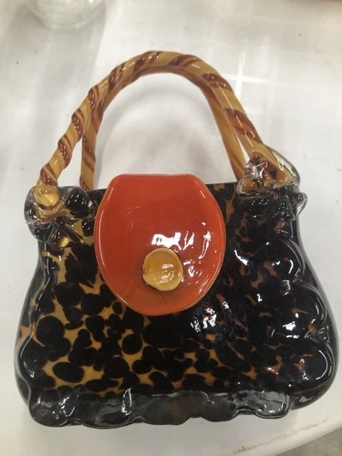 Murano Hand Blown Glass Animal Print Purse Vase Tortoise Shell Cheetah Unique