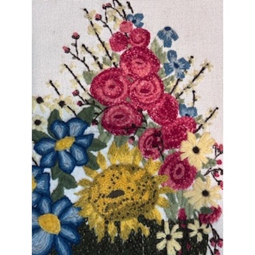 Vintage MCM Crewel gerahmtes Wandbild große Nadelspitze bestickt Blumen mehrfarbig  - Bild 6 von 11