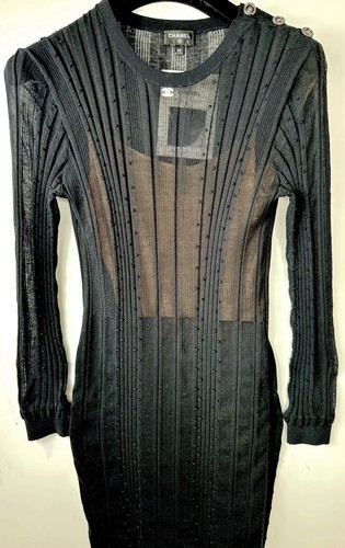 Chanel 2022 2023 Black Slip Sweater Dress 36 38 40 4 6 8 Crystal CC Logo Set S M - Picture 21 of 24