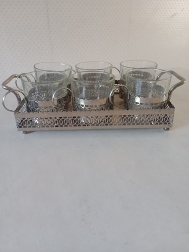 Juego de 6 tazas de café/té de vidrio Duralex vintage de 6 soportes y bandeja de filigrana - Imagen 3 de 10