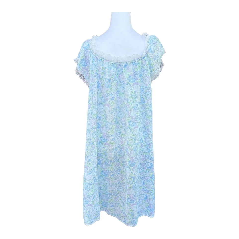 Vintage Miss Elaine Sleepshirt Womens Large Blue Floral Cotton Chemise Lace USA - Image 4 of 4