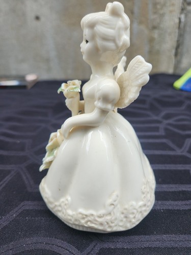 Campana porcellana vintage angelo in ceramica con abito bianco fiori dipinti a mano 5" - Foto 4 di 5