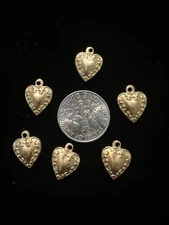 Tiny Heart Charms Vintage Brass Stampings From Famous maker. NOS Lot Of 6 pieces