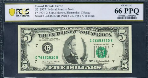 $5 1977 FRN  Board Break Error "Lincoln Assassination Note" PCGS 66 PPQ