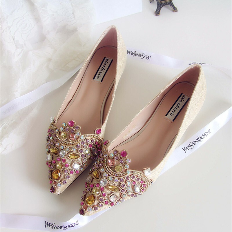 Strass Plat Bout Pointu femmes chaussures à Enfiler mariage en dentelle de mariée cristal Strass Plat Bout Pointu femmes chaussures à Enfiler mariage en dentelle de mariée cristal