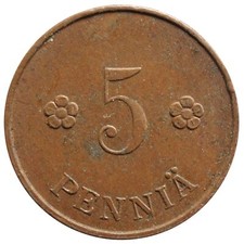 Finland | Finnish 5 Pennia Coin | Rose | KM22 | 1918 - 1940