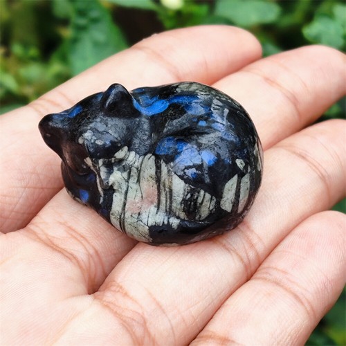 Sleeping Cat Statue Natural Crystal Carved Animal Crafts Healing Home Decor Gift - Picture 6 of 6
