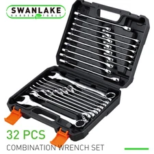 32PC Wrench Spanner Set SAE Metric 1/4"-1" 7-22mm 12 Point Box End Storage Case