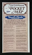 1980s Cape Cod Plymouth MA Pocket Map Hearth Kettle Menu Vintage Travel Brochure