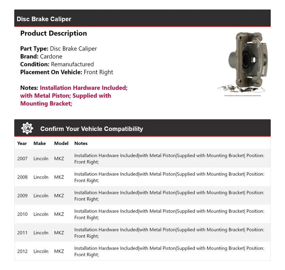 Pinza de freno de disco delantera derecha Cardone 2008 2009 2010 para Lincoln MKZ 2007-2012 Foto 2 de 4