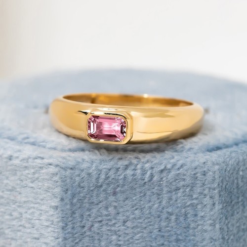 Emerald Cut Pink Tourmaline Yellow Gold Plated silver Dainty Wedding Ring - Picture 2 of 4