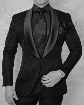 Men Black Jacquard Paisley Suits Blazer Groom Tuxedos Prom Dinner Wedding Suit