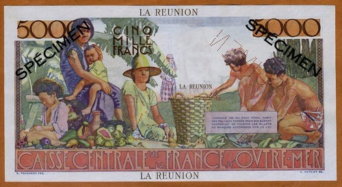 SPECIMEN, Reunion, 5000 Francs, ND (1947), Pick 48 UNC - Picture 2 of 2