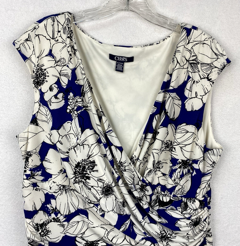 Chaps Faux Wrap Dress Women’s Size XL Blue Black & Ivory Deep V Stretchy SL - Picture 2 of 7