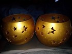 Lot of 2, 4-Inch Gold Star Cutout Antiqued Gold Metal Votive Holder