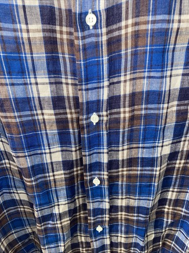 Brunello Cucinelli 100% Linen Button Down Shirt XL Blue Denim Tobacco Plaid - Picture 4 of 5
