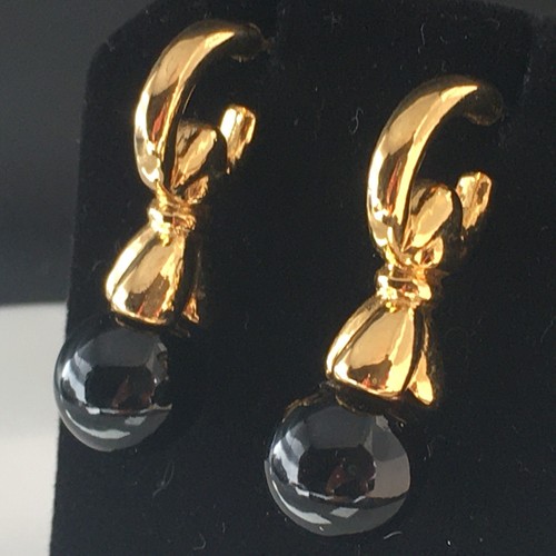 Vintage Bold Designer Gold Tone Hoop Black Ball Drop Dangle Pierced Earrings - Picture 3 of 7