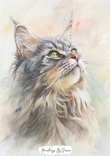 Majestic Old Gray Maine Coon Cat, Watercolor Painting Print 5"x7" on Matte Paper - Picture 3 of 7