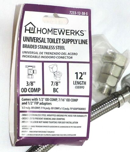 Toilet Supply Line Universal with Adapters 12" 3/8, 1/2, 7/16 OD comp 7/8 BC FIP - 第 2/7 張圖片