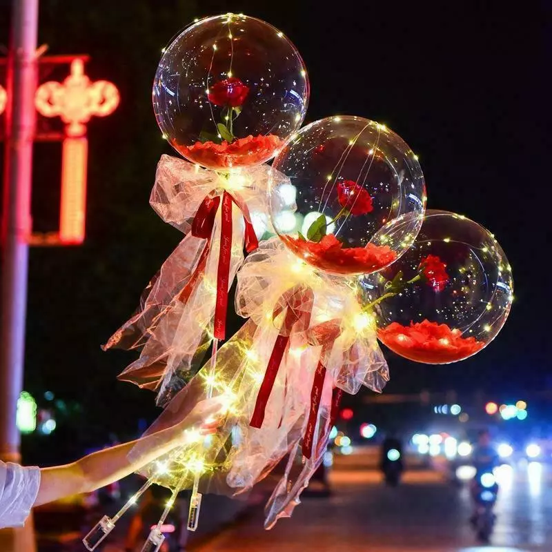 LED Light Transparent Balloon with Rose Flower Bouquet LED Luminous Bobo Ball