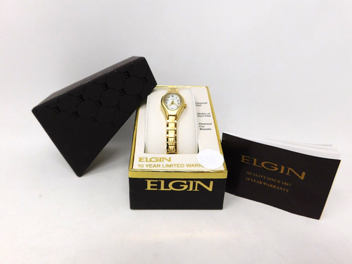 Elgin Women's Watch EG9759 Quartz Mother of Pearl Dial Gold Petite Diamond Cut