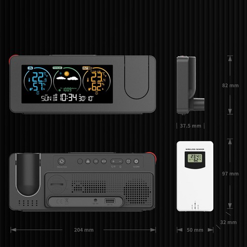 Reloj despertador digital proyector en techo con temperatura interior exterior - Imagen 8 de 12