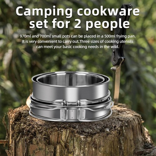 8pcs stainless steel camping cookware kit saucepan dishes pot set 2-3 person - Picture 10 of 18