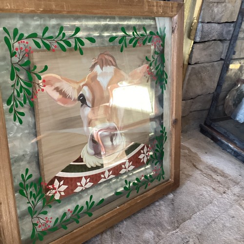 Hand painted Christmas Winter Cow! Wood Framed Farm and Country Chic! 14”x14” - Picture 4 of 6