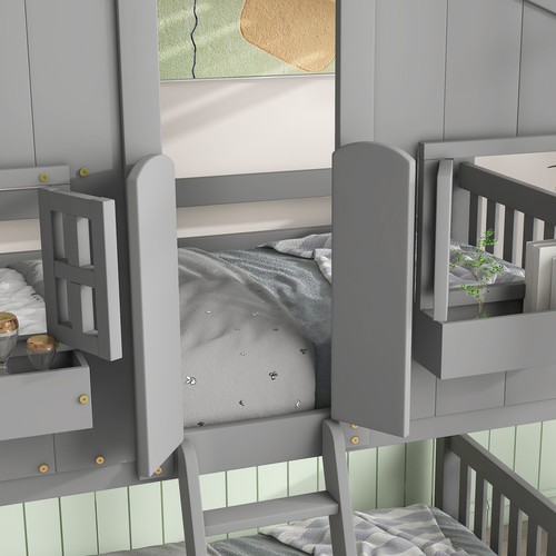 Twin/Twin House Bunk Bed with Roof Window Door Safety Guardrails & Ladder 00068 - Picture 5 of 9