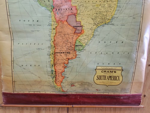 Vintage Cram's South America Map Pull Down Roll Up 51" x 62" Markable Washable - Picture 4 of 10