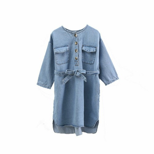 Kids Girl Dress Denim Children Shirt Cotton Casual Lace Up Solid 3/4 Sleeve Chic - Picture 3 of 16