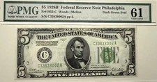 PMG 61 1928B 5$ DAEK GREEN SEAL 8002A